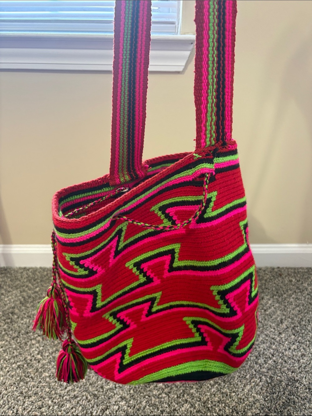 Handwoven Bright Pink & Green Shoulder Tote